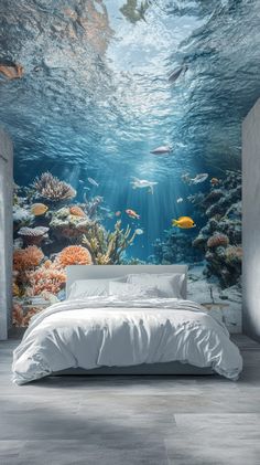 Teen boy's bedroom with ocean mural, aquarium wall, coral reef decor, and serene underwater theme. Gray wooden flooring. Ocean Mural Bedroom, Ocean Themed Bedroom Aesthetic, Sea Bedroom Ideas, Aquatic Wallpaper, Light Gray Wallpaper, Ocean Room Ideas, Aquarium Wall, Ocean Themed Rooms, Ocean Mural