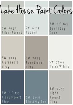 some gray and white paint colors with the words lake house paint colors