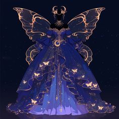 a blue fairy dress with gold butterflies on it's wings and an elaborate crown