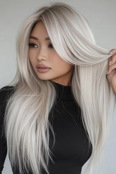 hair dye, hairstyles, fashion White Hair Brown Roots, Hair Colors For Neutral Undertones, Winter Platinum Blonde Hair, Ash White Blonde Hair, Asian Ash Blonde Hair, Long Platinum Hair, Ice White Hair, Platinum White Hair, Hair Color Ideas Blonde