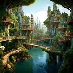 a fantasy landscape with trees and houses on the cliffs above a river that runs through it