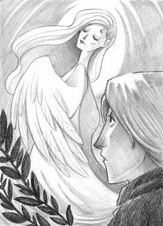 a drawing of two people facing each other with an angel in the middle and leaves around them