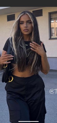 Dark Hair With Blonde Face Framing, Color Black Hairstyles, Black Or Blonde Hair, Black Hair With Blonde Face Frame, Blonde Halo On Black Hair, Chunky Blonde Money Piece Dark Hair, Black Hair Blonde Front Pieces, Jet Black Hair With Highlights Blondes, Black Low Lights For Brown Hair