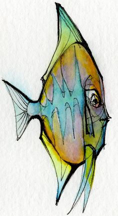 a drawing of a blue and yellow fish