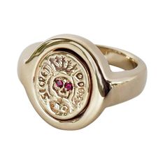 Crest Signet Ring Ruby Skull Victorian Style Cocktail Ring J Dauphin J DAUPHIN signature piece " Secret Doors" Made in Polished Bronze Can also be made in vermeil Gold Hand made in Los Angeles Inspired by Memento Mori, medieval Latin Christian theory and practice of reflection on mortality. Which in Latin means "remember that you have to die", it symbolize the vanity of early life and the nature of all early goods and pursuit that are just temporary. Memento more has been a discipline of perfect Rings Signet, Secret Doors, Chloë Sevigny, Mori Style, Diamond Skull, Diamond Signet Ring, Chloe Sevigny, Brand Ideas, Ring Ruby