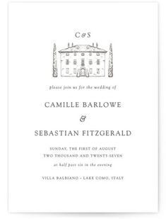 the front and back of a wedding card, with an illustration of a building on it