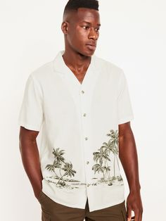 notched lapel short sleeves full-button front vented sides relaxed fit hits below waist model is approx.  6'1" and wears size m Honeymoon Outfits, Camp Shirt, Old Navy Shorts, Camping Shirt, Men Short Sleeve, Chest Pocket, Puerto Rico, The Whole, Men's Fashion