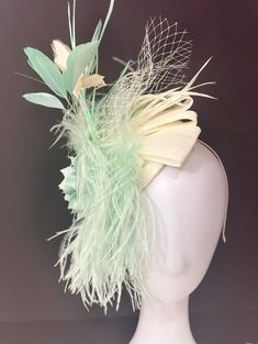 Wedding Fascinator Hat Headband,  Pale Mint Flower Feather with Light Ivory Feather, Bird cage Veil, on a Light  Ivory Textured Hat Base Spring Cream Mini Hat Headband, Spring Fascinator With Structured Crown And Adjustable Fit, Spring Adjustable Fascinator With Structured Crown, Feather Hair Accessories For Summer Evening, Feather Hair Accessories For Summer Evenings, Summer Gatsby Style Party Fascinator, Summer Gatsby Party Fascinator, Summer Party Gatsby Style Fascinator, Summer Evening Hair Accessories With Feathers