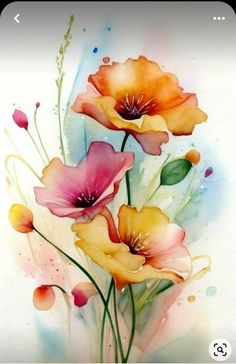 an artistic painting of flowers with watercolors on the back ground and white background