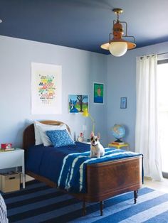 a dog sitting on top of a bed in a room with blue and white walls