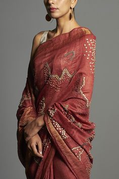 Saksham & Neharicka-Red Embroidered Tusser Silk Saree-INDIASPOPUP.COM Embellished Saree, Simple Saree Designs, Indian Sari Dress, Modern Saree, Indian Saree Blouses Designs, Simple Sarees, Indian Fashion Saree, Indian Dresses Traditional, Saree Design