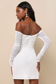 You're sure to be the center of attention any evening with the romance-ready look of the Lulus Elegant Eternity White Mesh Ruched Off-the-Shoulder Mini Dress! This trendy little number features stretchy sheer mesh (atop a matching knit liner) that shapes a ruched bodice and an off-the-shoulder neckline with hidden no-slip strips, all framed by long ruched sleeves. The high, fitted waist tops a crepe knit bodycon skirt that ends at a flirty mini hem. Hidden back zipper/clasp. Fit: This garment fi Flirty Off-shoulder Mini Dress With Ruched Bodice, Chic Off-shoulder Party Dress With Ruched Bodice, Chic Off Shoulder Party Dress With Ruched Bodice, Chic Off Shoulder Dress With Ruched Bodice For Party, Draped Off-shoulder Party Dress With Ruched Bodice, Draped Off Shoulder Party Dress With Ruched Bodice, Elegant Ruched Off-shoulder Dress With Sweetheart Neckline, Draped Off Shoulder Dress With Ruched Bodice For Party, Elegant Off-shoulder Dress With Ruched Bodice For Parties