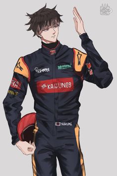 a man in a racing suit with his hand up