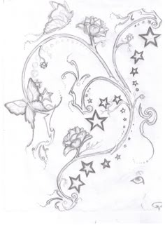 a tattoo design with stars and swirls on the upper half of the letter s