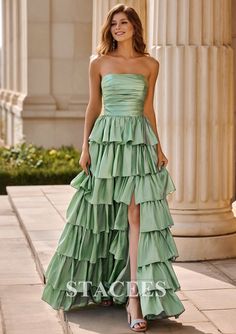 [$139.00] A-line Square Neckline Strapless Floor-Length Taffeta Prom Dress with Ruffles Slit Ruffled Prom Dress Long, V Chapman Prom Dress, Satin A Line Prom Dress, Prom Dress For Plus Size Women, Long Spring Formal Dresses, Ruffle Sleeve Dress Formal, Prom Dresses Diy, Tea Party Prom Dress, A-line Prom Dress