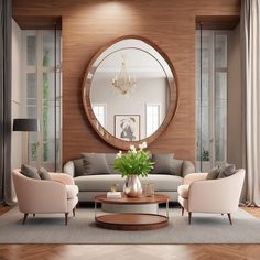 a living room with couches, chairs and a round mirror