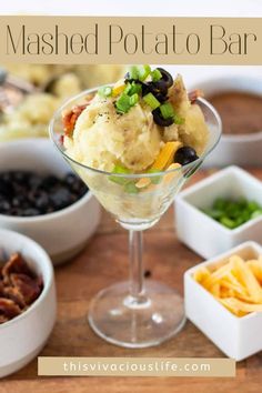 Mashed Potatoes Martini Bar, Martini Mashed Potato Bar, Mash Potato Martini Bar, Potatoes For A Wedding, Mashed Potato Cocktail Hour, Mashed Potato Party, Mashed Potato Bar Ideas Toppings, Mashed Potato Charcuterie Board