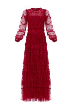 Blossom Lace Ankle Gown – Red | Needle & Thread Needle And Thread Dress, How To Style A Maxi Dress, Needle And Thread Dresses, Thread Dress, Dramatic Silhouette, Tonal Embroidery, Ruffle Gown, Ballerina Dress, Short Gowns