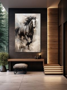 a horse running through the air in a room with stairs leading up to it and a painting on the wall