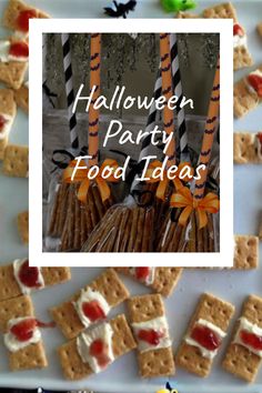 halloween party food ideas on a white plate with candy sticks and pretzels in the background