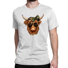 a man wearing a white t - shirt with a bull's head on it