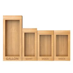 three wooden frames with the names gallon, quart, snack and snack