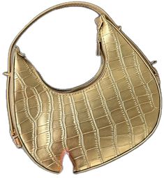 Chic Gold Top Handle Baguette Bag, Chic Gold Baguette Bag With Top Handle, Leather Baguette Bag With Single Handle, Evening Crocodile Pattern Shoulder Bag, Gold Baguette Bag With Gold-tone Hardware For Shopping, Chic Crocodile Pattern Shoulder Bag For Shopping, Chic Leather Baguette Bag With Crocodile Pattern, Gold Hobo Shoulder Bag With Zipper Closure, Chic Travel Shoulder Bag With Crocodile Pattern