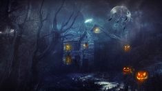 a creepy house in the woods with pumpkins