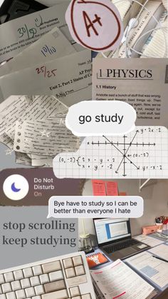 a collage of different types of papers and stickers on a desk with the words go study above them