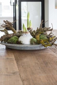 a plate with some plants on top of it sitting on a wooden table in front of a fireplace