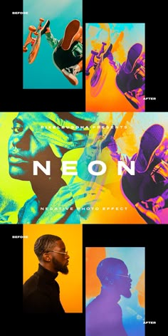 an advertisement for neon with multiple images of people in different colors and shapes, including the words neon