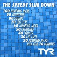 the speedy slim down workout plan is displayed on a blue tile wall with instructions for how to do it