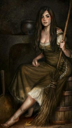 a painting of a woman sitting on a barrel holding a broom with the caption ella