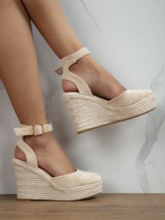 Women Beige Ankle Strap Woven Wedge Sandals, Round Toe High Heel For Vacation Apricot         Women Shoes, size features are:Bust: ,Length: ,Sleeve Length: Straw Heels, High Heel Sandals Wedges, Women Wedges, Womens Espadrilles Wedges, Wedges Heels, Fashion Shoes Heels, Shoes Hack, Espadrilles Platform, Fresh Shoes