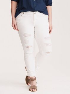 Torrid Boyfriend Jeans - White Wash with Ripped Destruction, WHITE White After Labor Day, White Boyfriend Jeans, Ripped Jeans Women, Destructed Jeans, Purple Jeans, Black Ripped Jeans, Denim Pocket, Boyfriend Jean, Jeans White