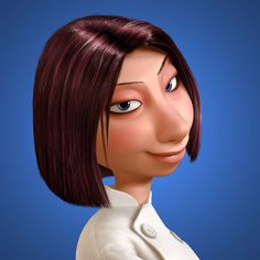 an animated woman with short hair wearing a white shirt and blue eyes looking at the camera