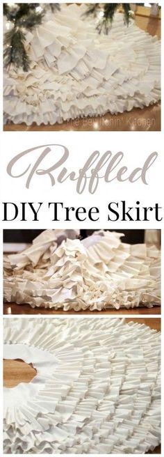 three pictures showing how to make a ruffled diy tree skirt