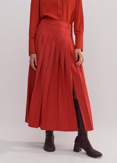 Wool-Blend Pleated Skirt | ME+EM Pleated Skirt Winter, Skirt In Winter, Winter Orange, Ankle Sleeve, Jacquard Skirt, Orange Skirt, Winter Skirt, Denim Maxi Skirt, Eclectic Style