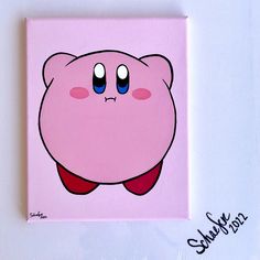 a painting of a pink bear with blue eyes