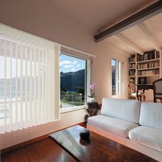 a living room with a couch, coffee table and bookcase in front of a window