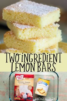 two ingredient lemon bars stacked on top of each other with the words, two ingredient lemon bars