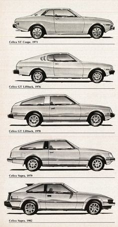 four different types of cars are shown in black and white, with the names on each side