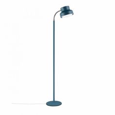 a blue floor lamp with a white light on the base and a black shade over it