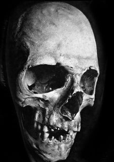 a black and white photo of a human skull