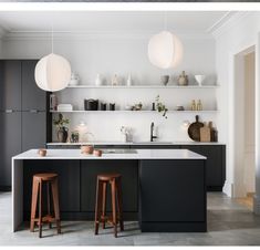 two stools are in front of the kitchen counter