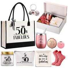 PRICES MAY VARY. Unforgettable 50th Birthday Gifts for Women: surprise her with the 50th birthday gift set, a sophisticated ensemble of exquisite items designed to make her special day memorable, this gift set contains 1 piece of 50th birthday tote bag, 1 compact makeup bag, 1 elegant wine tumbler, 1 scented candle, 1 ring tray, 1 delightful pair of fuzzy socks, 1 soothing bath bomb, 1 expressive greeting card, 1 exquisite gift box, 1 handy mirror, and 1 keychain Fine Craftsmanship and Quality: 50th Birthday Goodie Bags, 50th Birthday Swag Bag Ideas, Gifts For 50th Birthday Women, 50th Birthday Gift Ideas For Women, 50 Birthday Gift Baskets, 50 Birthday Gifts, Happy 50 Birthday, 50th Birthday Surprise, Gifts Sets