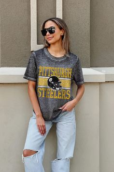 Elevate your style with our Pittsburgh Steelers lightweight short sleeve crewneck tee, featuring a subtle burnout finish and ribbed neckline. Versatile and stylish, it's the perfect choice for representing Pittsburgh Steelers whether you're cheering from the stands or watching the game from home. Acid Wash Crew Neck T-shirt With Sublimation Print, Pre-shrunk Crew Neck Top In Washed Black, Sporty Acid Wash Crew Neck Top, Acid Wash Crew Neck Top With Letter Print, Acid Wash Letter Print Crew Neck Top, Acid Wash Crew Neck T-shirt, Sporty Acid Wash Short Sleeve Tops, Sporty Acid Wash Distressed Top, Acid Wash T-shirt With Sublimation Print, Crew Neck