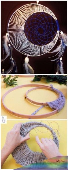 two pictures showing how to make a dream catcher