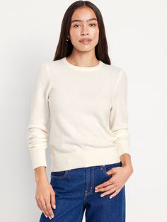 crew neck long sleeves pullover style relaxed fit hits at waist models are approx.  5'9" and wear sizes s (4), l (12), and xl (18)machine wash according to the care instruction label  . Best Holiday gift for Women , perfect Sweaters for Christmas! White Long Sleeve Sweater, Women's Cardigans, Textured Knit Sweater, Sweater White, Cardigan Sweaters For Women, Old Navy Women, Outerwear Sweater, White Sweaters, Long Sleeve Pullover