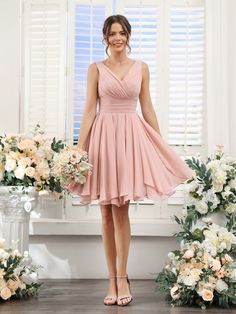 A-Line V-Neck Sleeveless Ruched Chiffon Short Bridesmaid Dresses Chiffon Shorts, Party Dresses Online, Pearl Pink, Chiffon Bridesmaid, Wedding Bridesmaid Dresses, Wedding Party Dresses, Dresses Short, Cocktail Dress Party, Guest Dresses